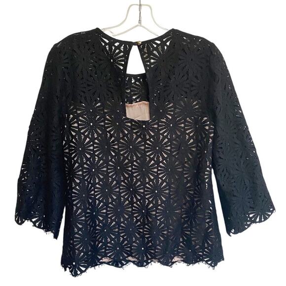 Trina Turk‎ Wilson Black Lace 3/4 Sleeves Blouse Top Black Cream M - Picture 6 of 15